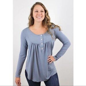 Long Sleeve Babydoll Button Front Top - Ash Blue